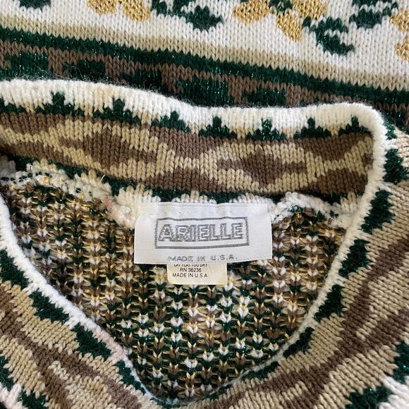 Vintage Sweater Womens Size Large White Green Brocade Mock Neck Knit 80s 90s - Picture 8 of 11